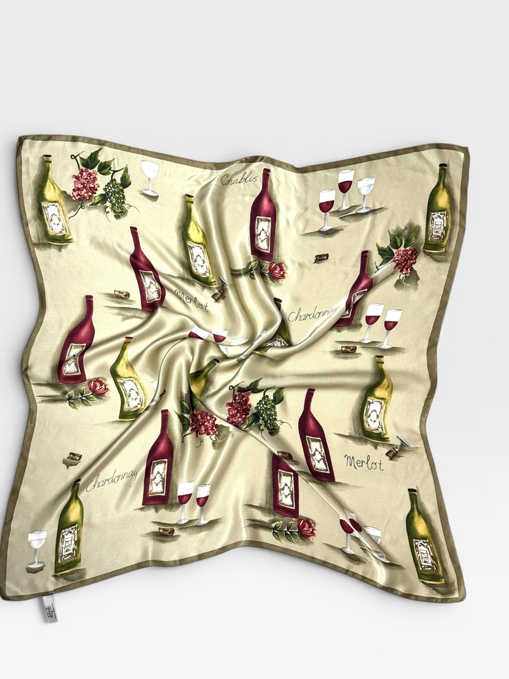 Elaine Gold Silk Scarf Wine & Vineyard Motif Print Olive Beige Burgundy